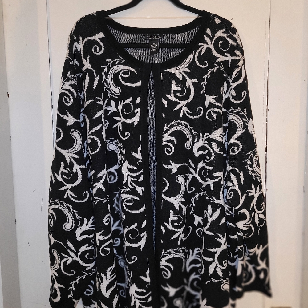 5x black and white open front sweater by Catherines